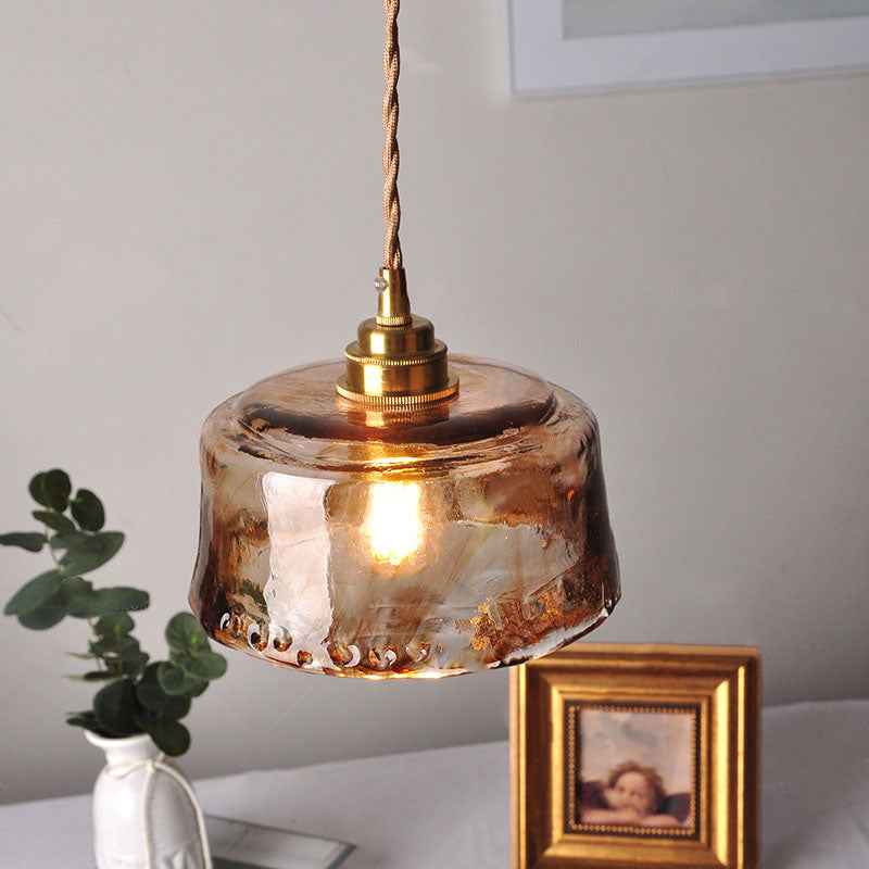 Retro Amber Glass Drum Pendant Light with Brass Accent - 1-Light