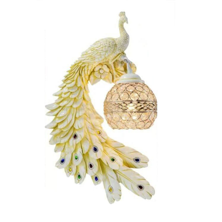 Elegant Vintage Resin Peacock Wall Sconce Lamp with Crystal Ball Shade - 1-Light