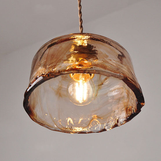 Retro Amber Glass Drum Pendant Light with Brass Accent - 1-Light