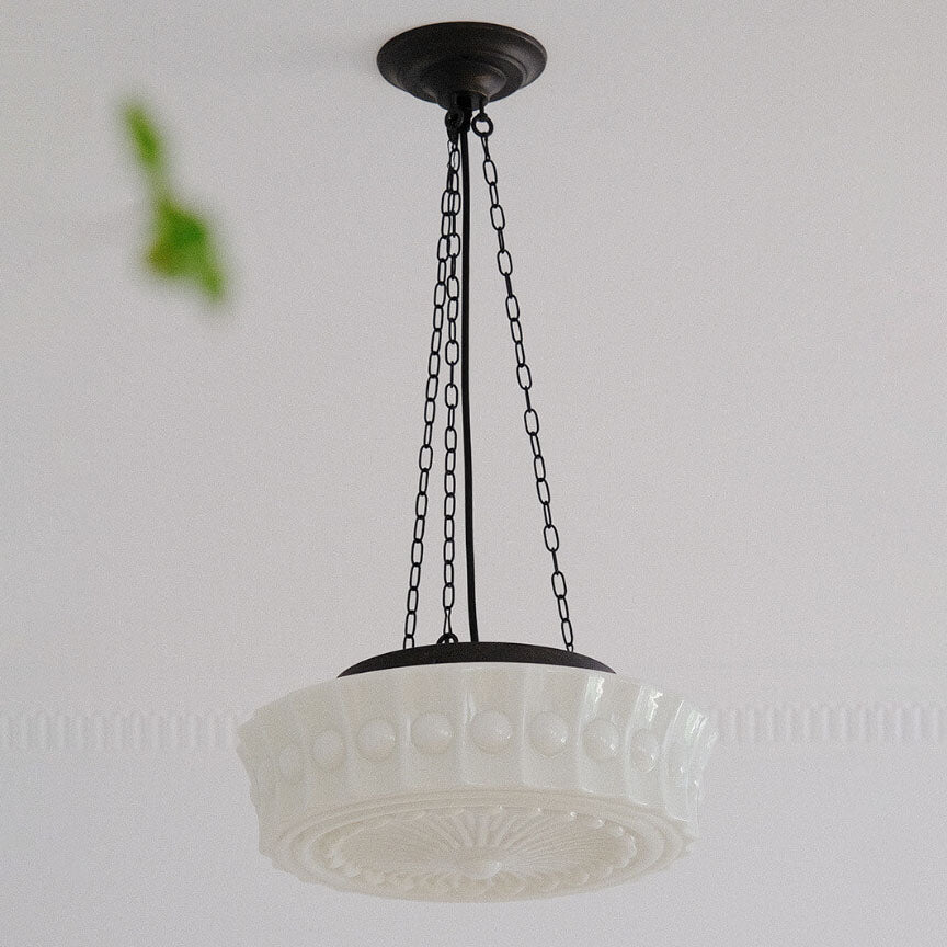 Vintage French White Jade Glass Striped Round Drum LED Semi-Flush Mount Ceiling Light