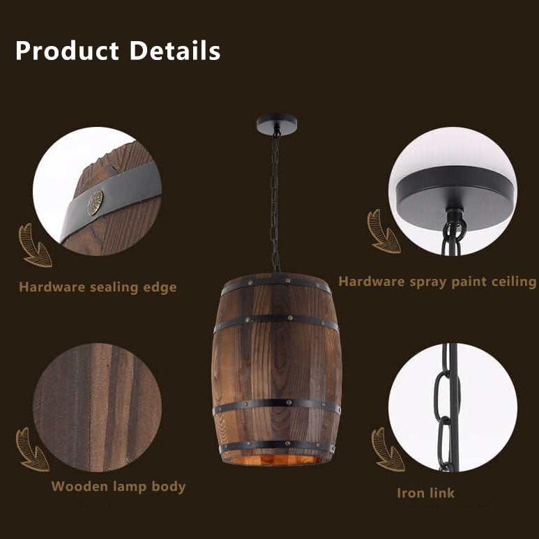 Rustic Round Wooden Wine Barrel Pendant Light - 1-Light Fixture for Dining Room
