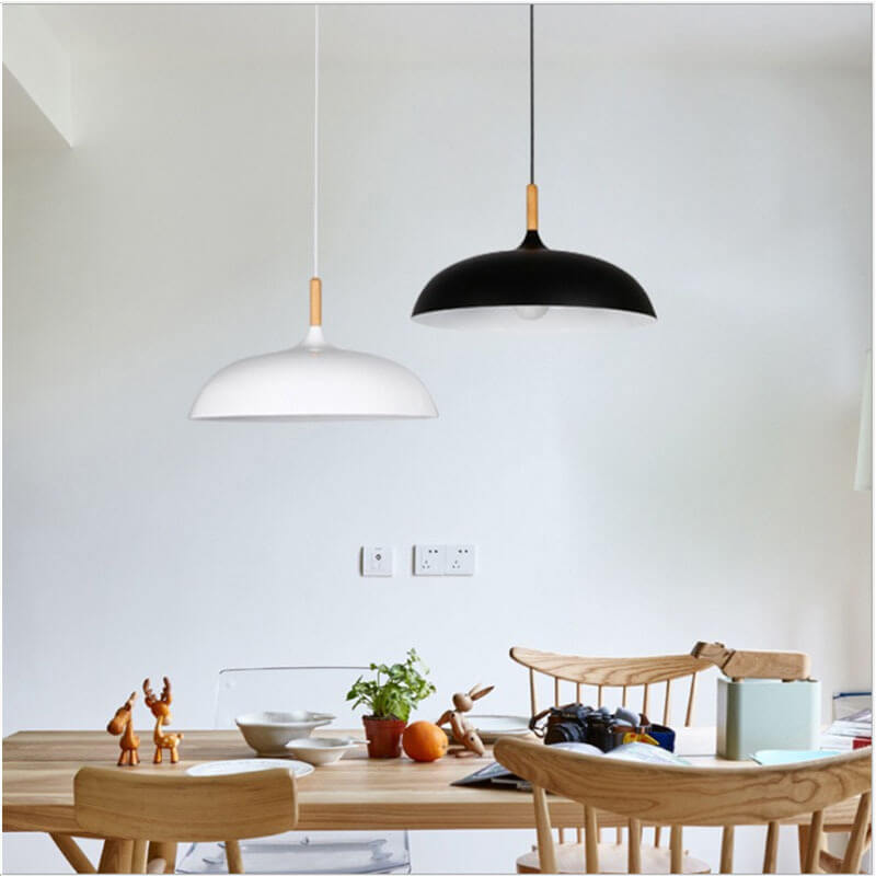 Contemporary Metal Pendant Light with Wooden Top - 1-Light Dome Design