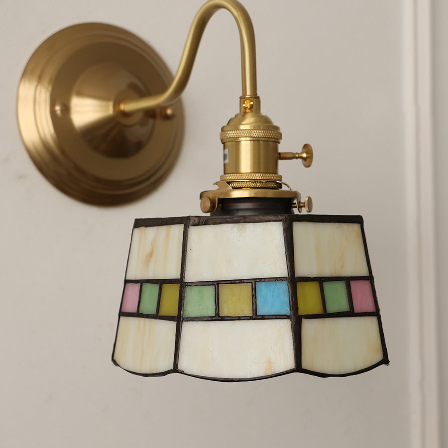 Classic Tiffany Style Round Copper Glass 1-Light Wall Sconce for Living Room