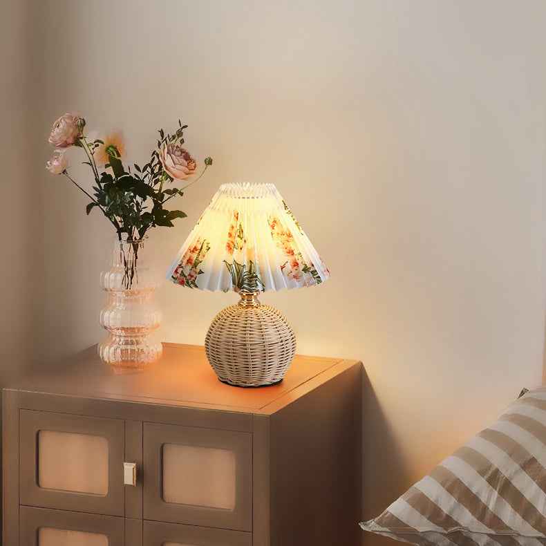 Modern Nordic Rattan Fabric Pleated Conical LED Table Lamp for Bedroom