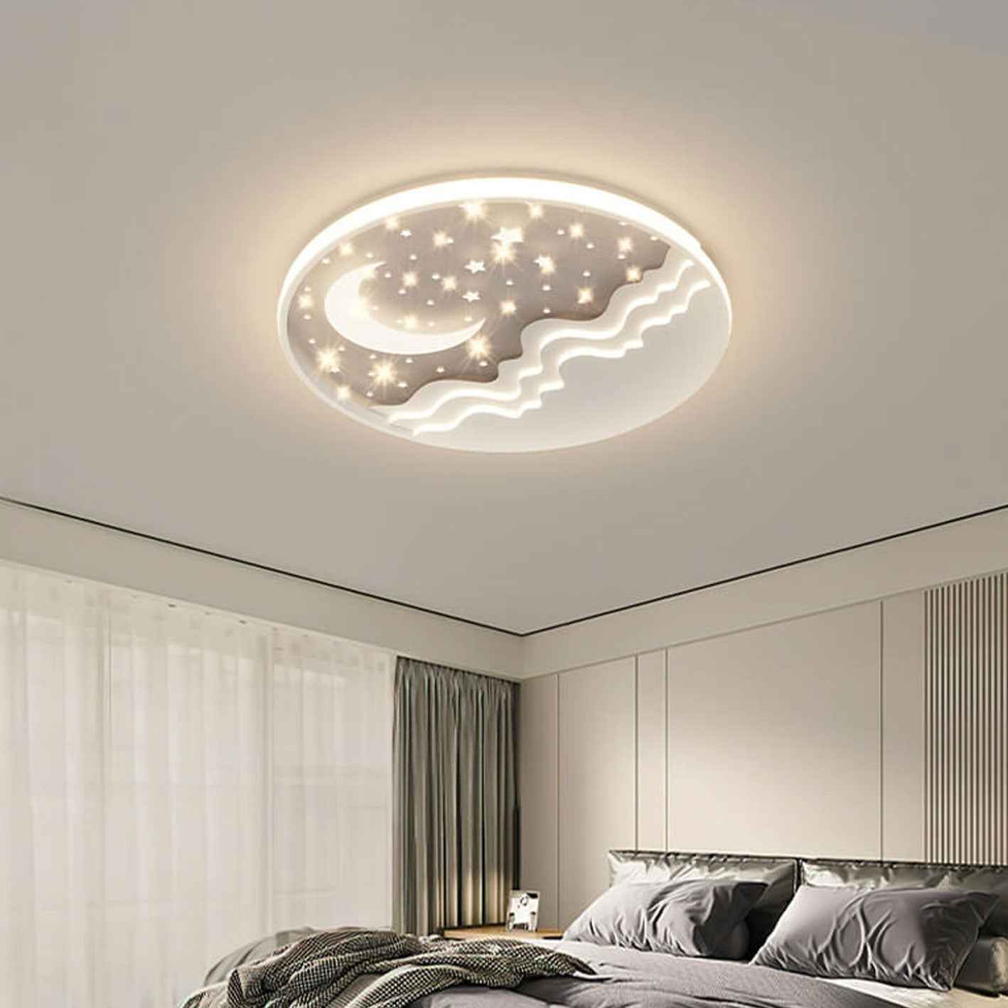Nordic-Inspired Round Aluminum LED Flush Mount Ceiling Light with Star and Moon Design