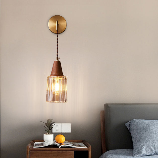 1-Light Wall Sconce Lamp with Japanese Walnut, Glass, and Copper Cylinder Design