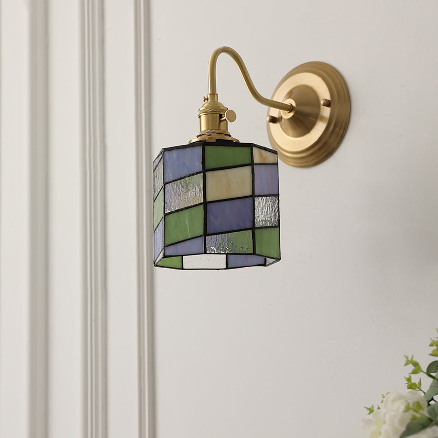 Classic Tiffany Style Round Copper Glass 1-Light Wall Sconce for Living Room