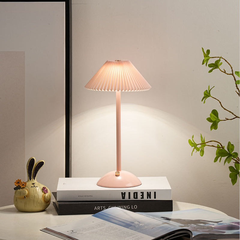 Modern Scandinavian Rechargeable Conic Pleated Table Lamp with 1 Light for Bedside