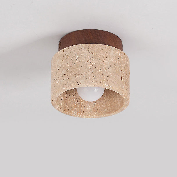 Japanese Wabi-Sabi Yellow Travertine Wood Column 1-Light Semi-Flush Ceiling Fixture