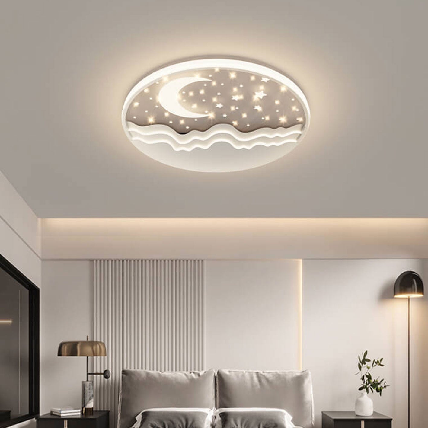 Nordic-Inspired Round Aluminum LED Flush Mount Ceiling Light with Star and Moon Design