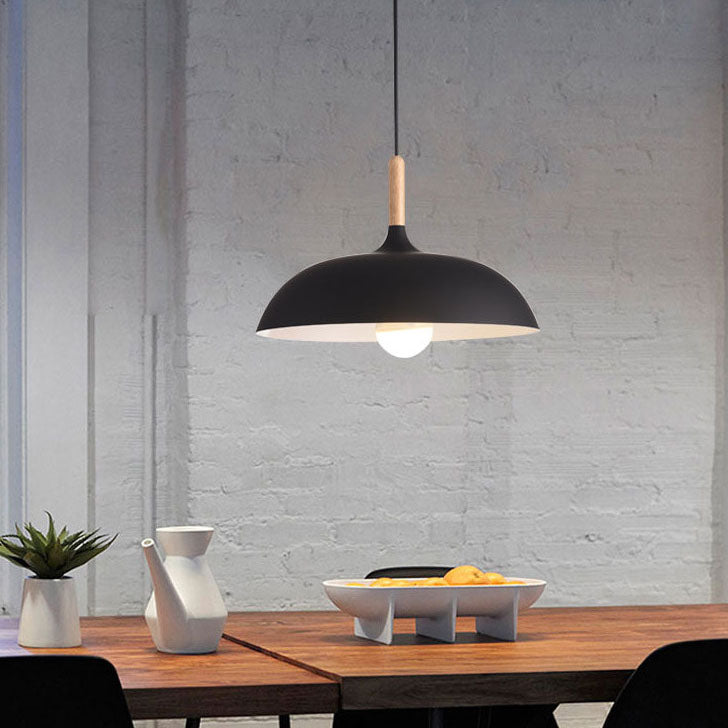 Contemporary Metal Pendant Light with Wooden Top - 1-Light Dome Design