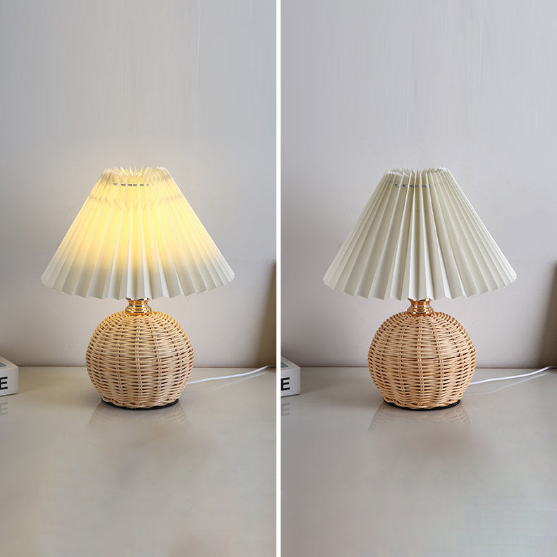 Modern Nordic Rattan Fabric Pleated Conical LED Table Lamp for Bedroom