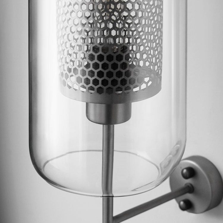 Modern Industrial Cylinder Glass Shade Wall Sconce Lamp with Iron Finish Frame - 1-Light Design for Bedroom