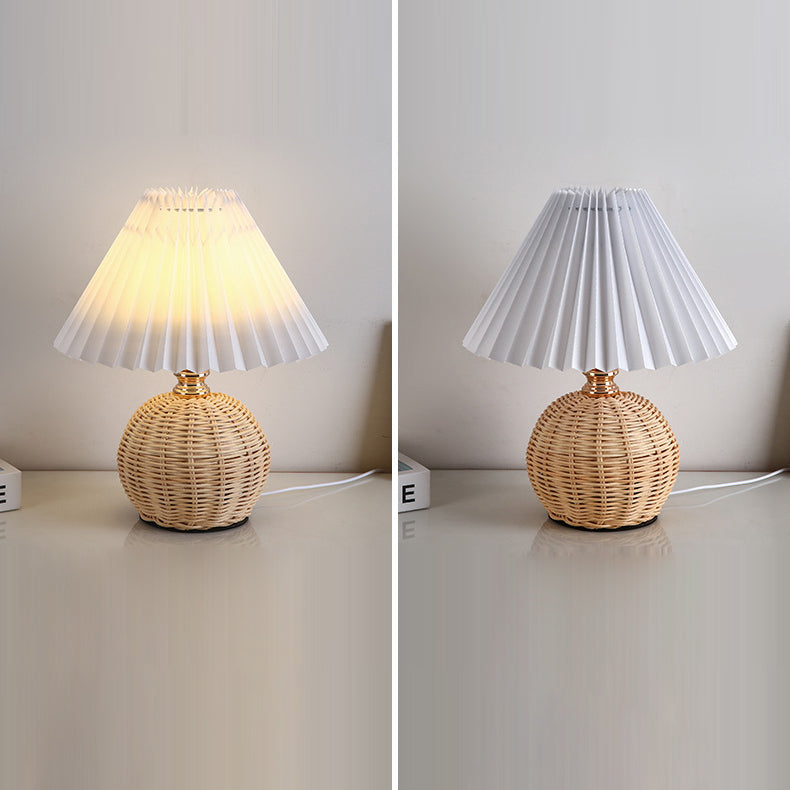 Modern Nordic Rattan Fabric Pleated Conical LED Table Lamp for Bedroom