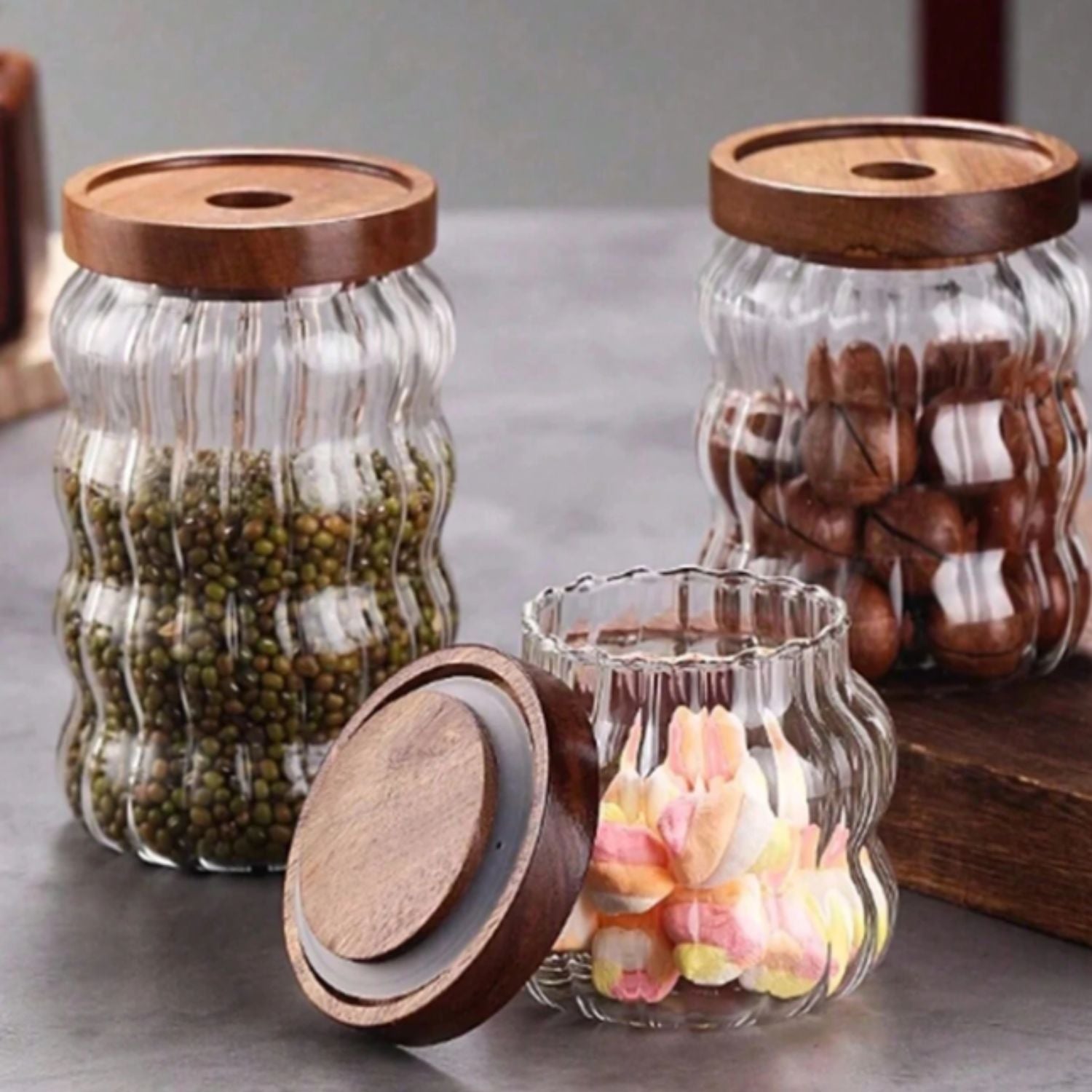 Bela Glass Jar Set | Wooden Lids, Hermetic Silicone Closure