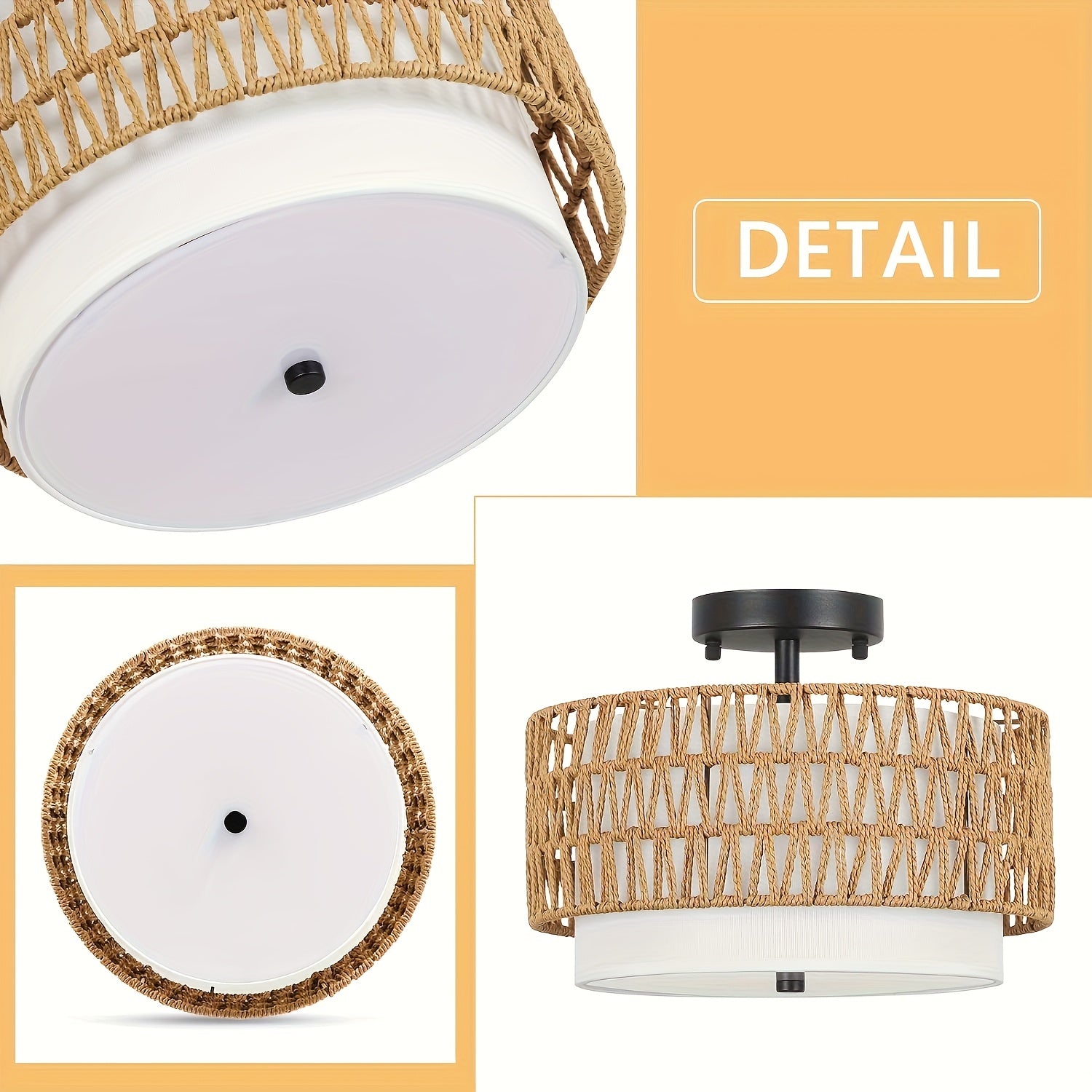Bela Rattan Ceiling Light | Semi-Flush Mount with Linen Shade
