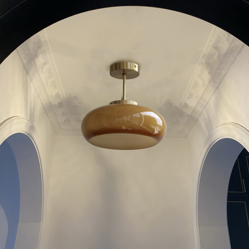 Retro Brass and Yellow Glass 1-Light Semi-Flush Mount Ceiling Fixture