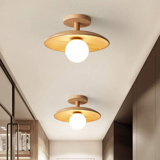 Nordic-Inspired Wooden Dome 1-Light Semi-Flush Ceiling Fixture