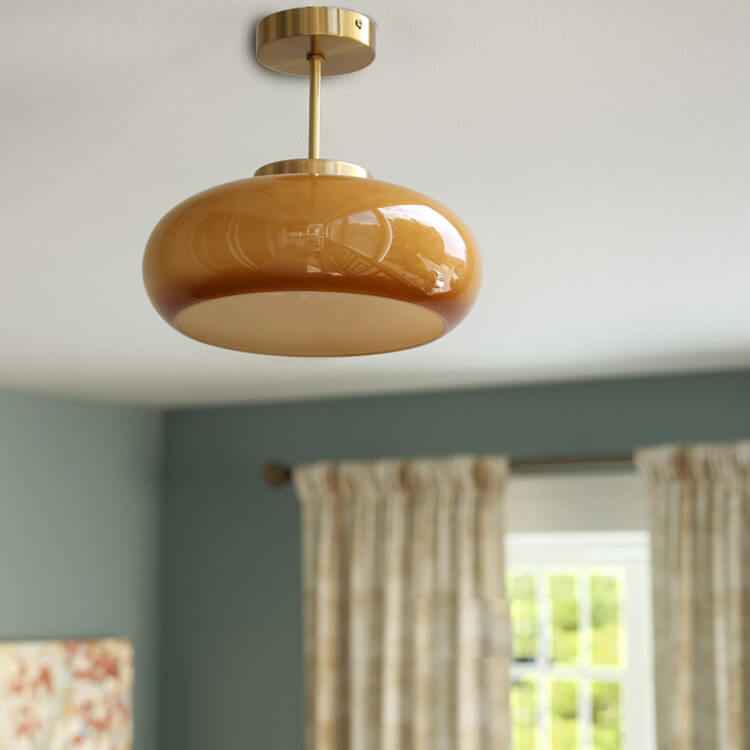 Retro Brass and Yellow Glass 1-Light Semi-Flush Mount Ceiling Fixture