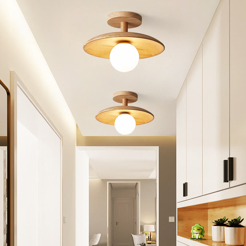 Nordic-Inspired Wooden Dome 1-Light Semi-Flush Ceiling Fixture
