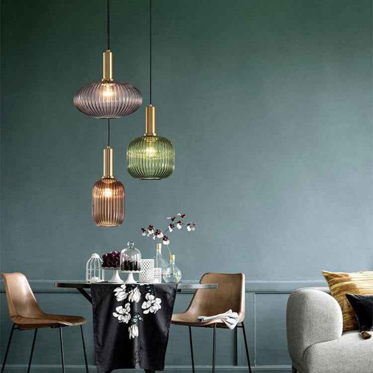 Simple Striped Glass Lantern Pendant Light with Single Bulb