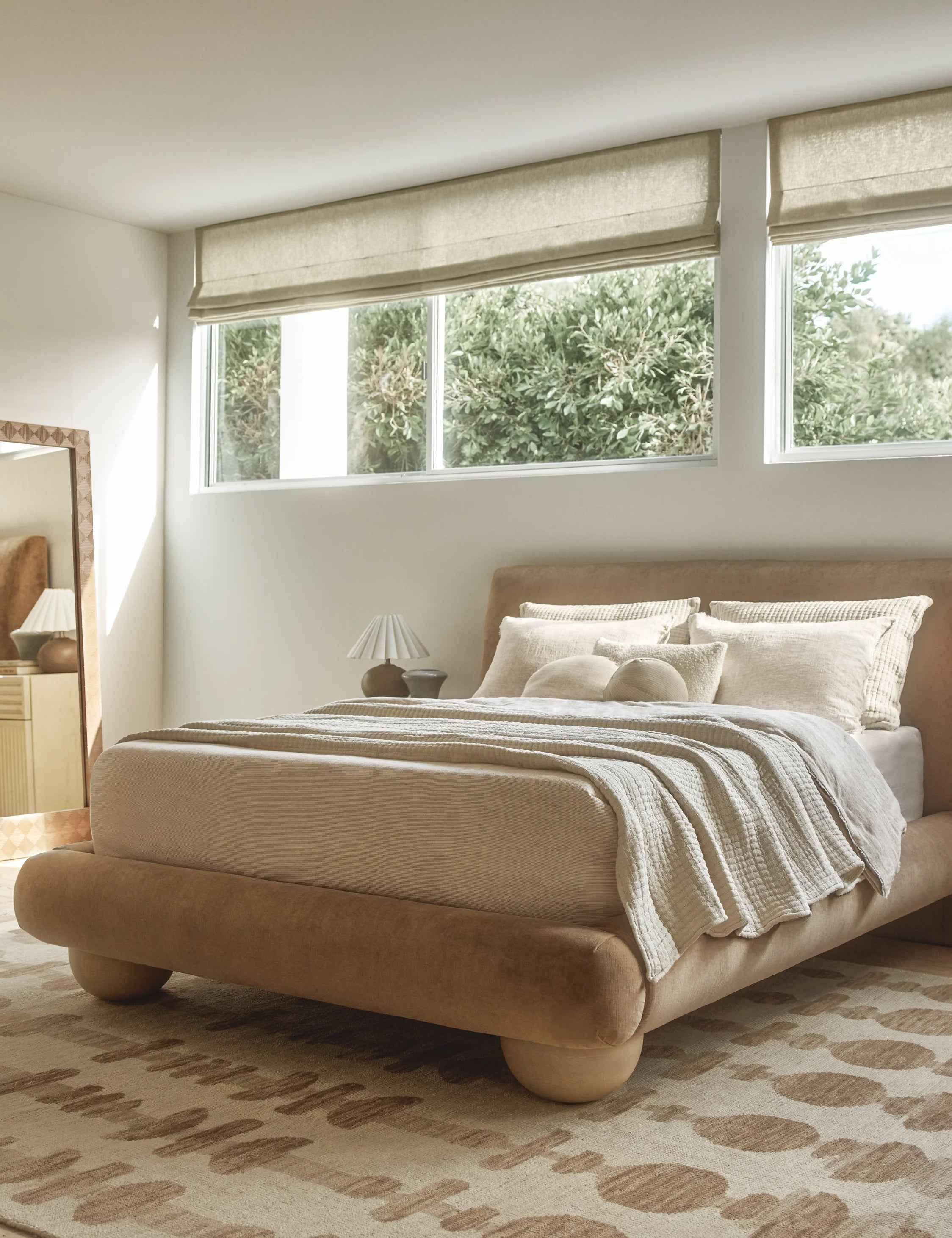 Rivo Platform Bed | Upholstered Frame, Light Wood Grain Base