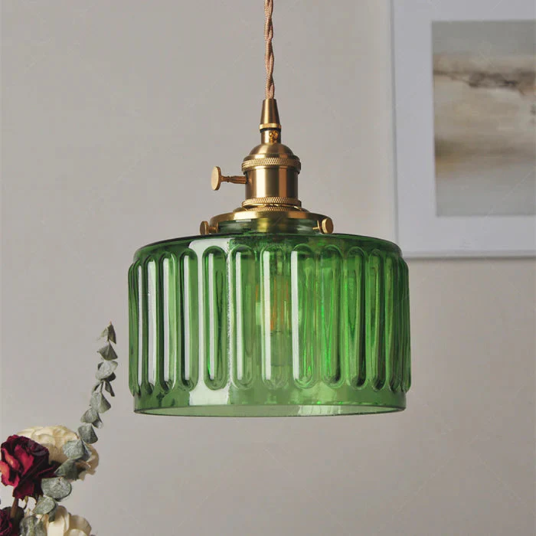 Gryo Glass Pendant Light | Ribbed Green Shade, E27 Fitting
