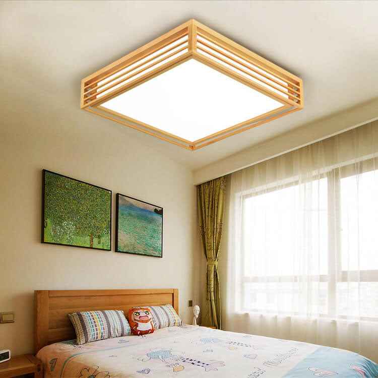 Square LED Flush Mount Ceiling Light in Nordic Solid Wood - Japanese Tatami Style