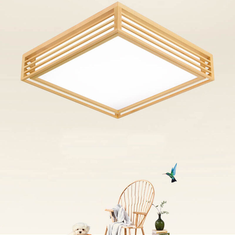 Square LED Flush Mount Ceiling Light in Nordic Solid Wood - Japanese Tatami Style