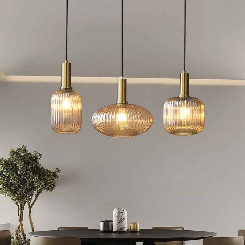 Simple Striped Glass Lantern Pendant Light with Single Bulb