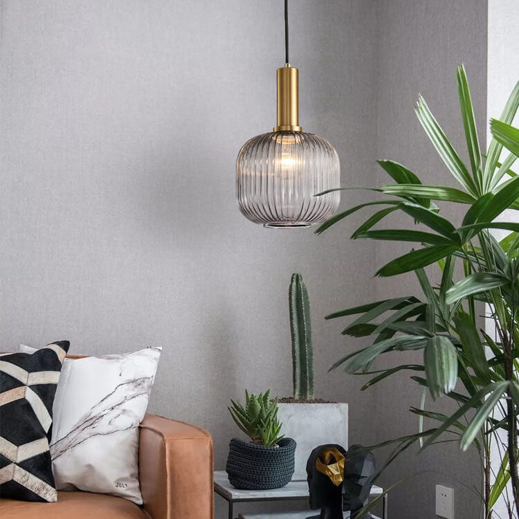 Simple Striped Glass Lantern Pendant Light with Single Bulb