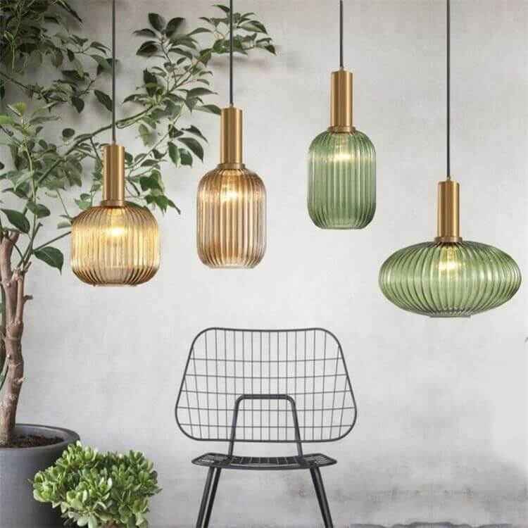 Simple Striped Glass Lantern Pendant Light with Single Bulb
