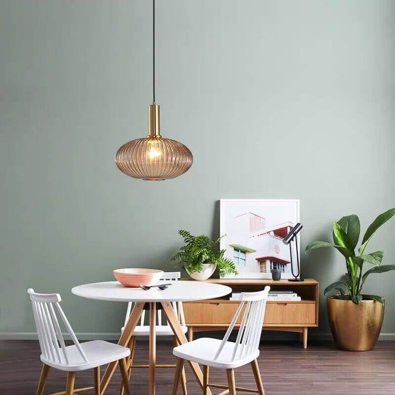 Simple Striped Glass Lantern Pendant Light with Single Bulb