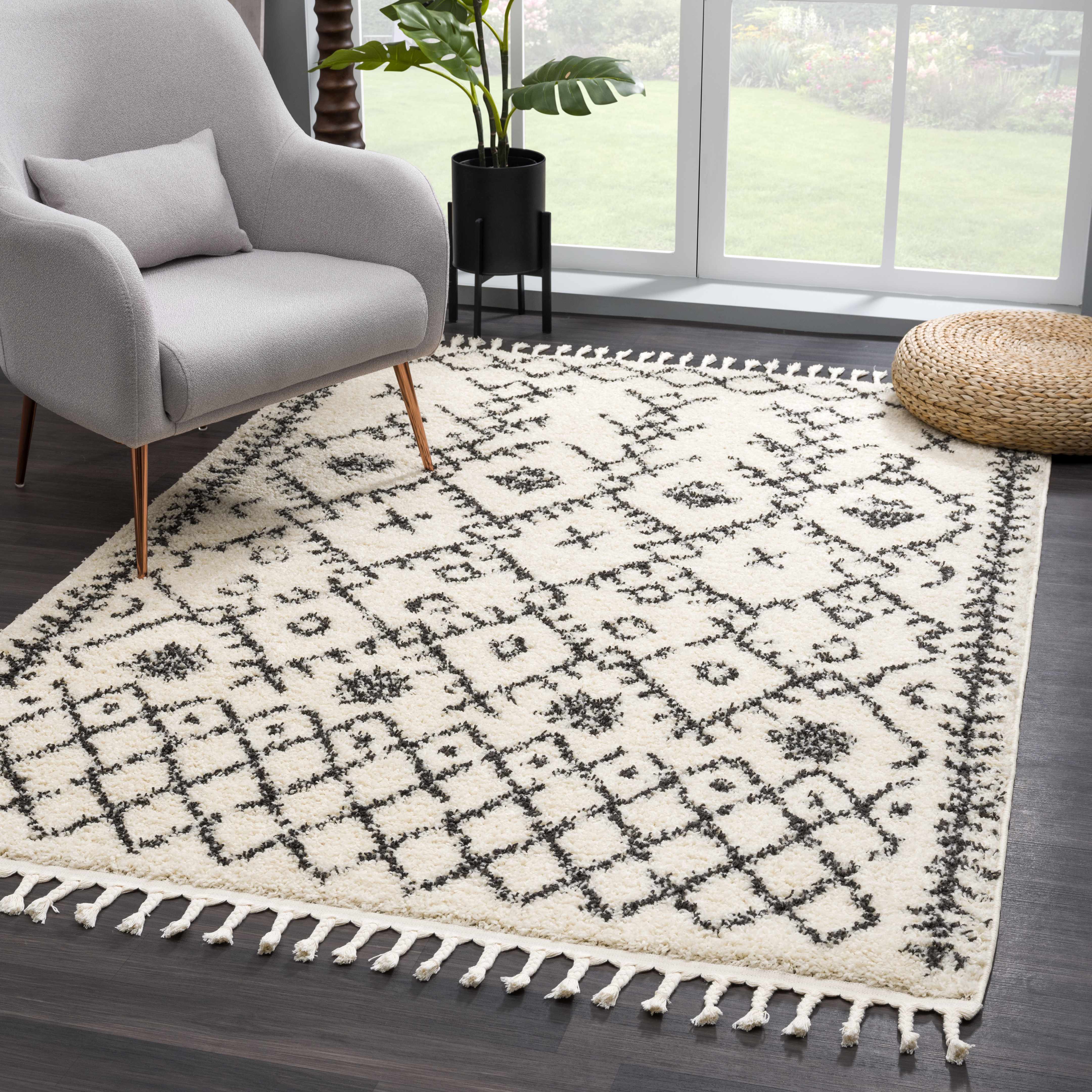Bello Plush Area Rug  Machine Woven  Charcoal/Beige