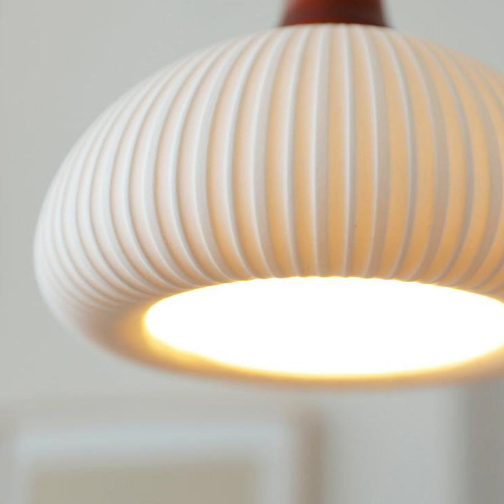 Vintage Japanese Ceramic Round Dome Pendant Light with Pleated Design and Wooden Accents - Cendre Home