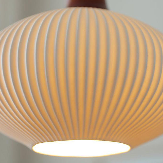 Vintage Japanese Ceramic Round Dome Pendant Light with Pleated Design and Wooden Accents - Cendre Home
