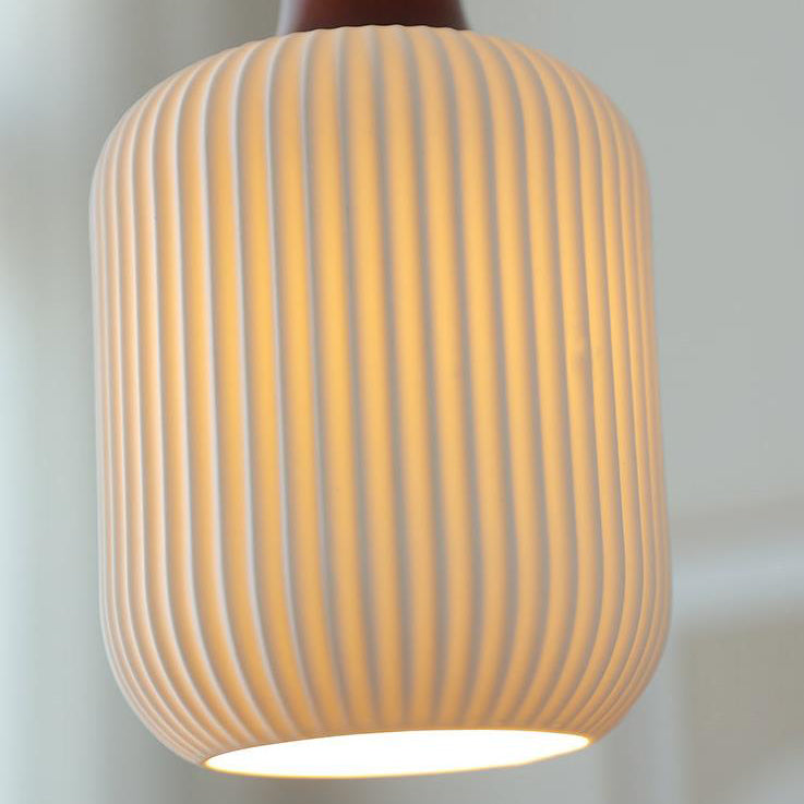 Vintage Japanese Ceramic Round Dome Pendant Light with Pleated Design and Wooden Accents - Cendre Home