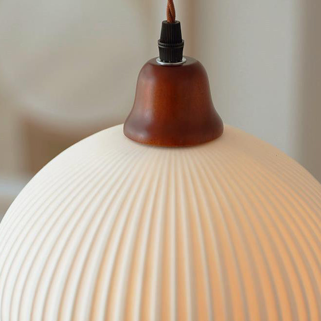 Vintage Japanese Ceramic Round Dome Pendant Light with Pleated Design and Wooden Accents - Cendre Home