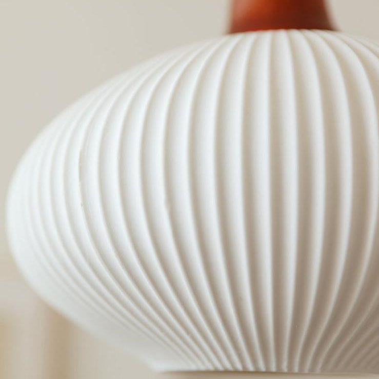 Vintage Japanese Ceramic Round Dome Pendant Light with Pleated Design and Wooden Accents - Cendre Home