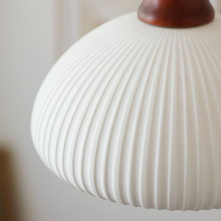 Vintage Japanese Ceramic Round Dome Pendant Light with Pleated Design and Wooden Accents - Cendre Home
