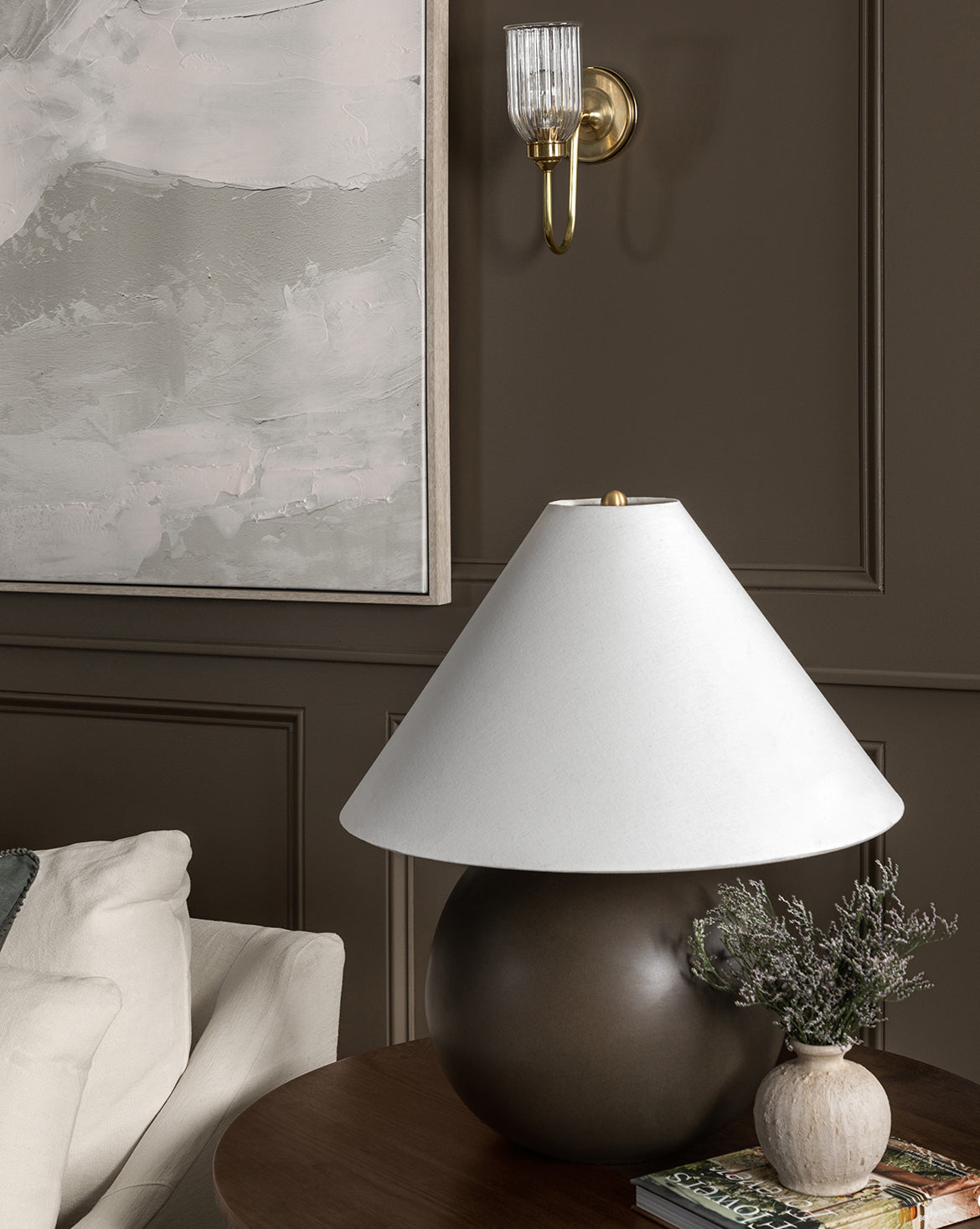 Tess Ceramic Table Lamp  Brown Finish, Tapered Shade