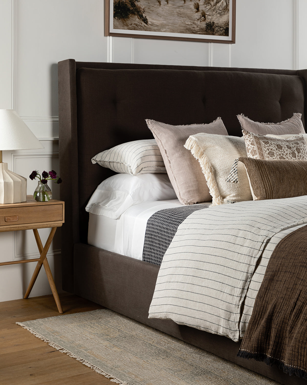 Ria Upholstered Bed  Tufted Headboard, Customizable Fabrics