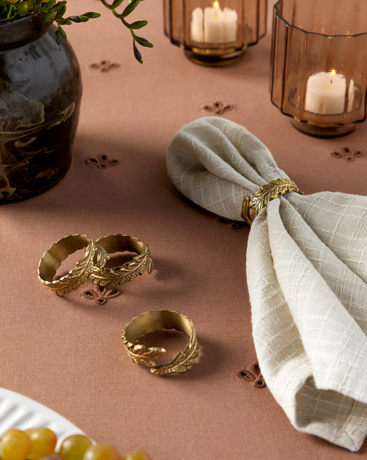 Bela Napkin Ring Set of 4  Botanical Brass with Intricate Leaf Design