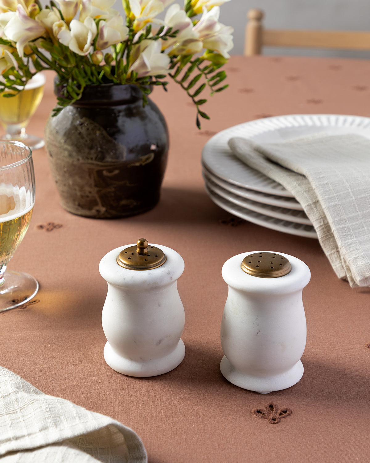 Bela Marble Salt & Pepper Shakers  Tapered Shape, Antiqued Brass Tops