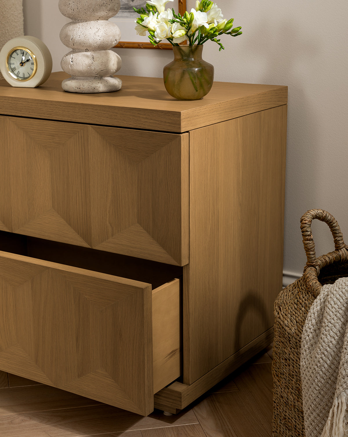 Bela Nightstand White Oak  Spacious Storage