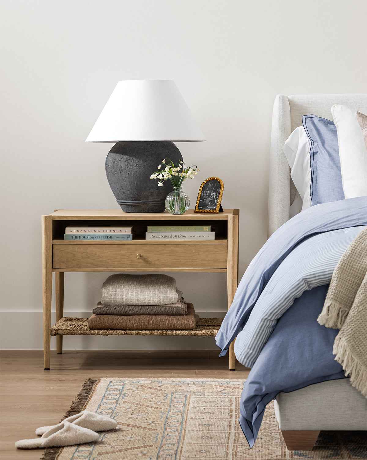 Bello Nightstand White Oak  Pullout Drawer, Seagrass Shelf