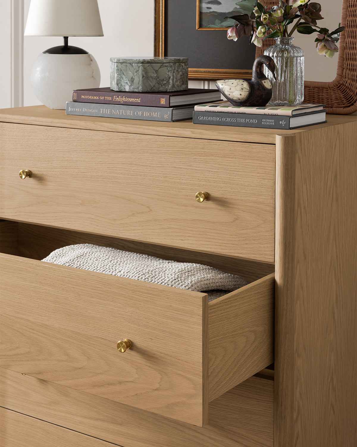 Dara Tallboy Dresser  White Oak with Brass Hardware