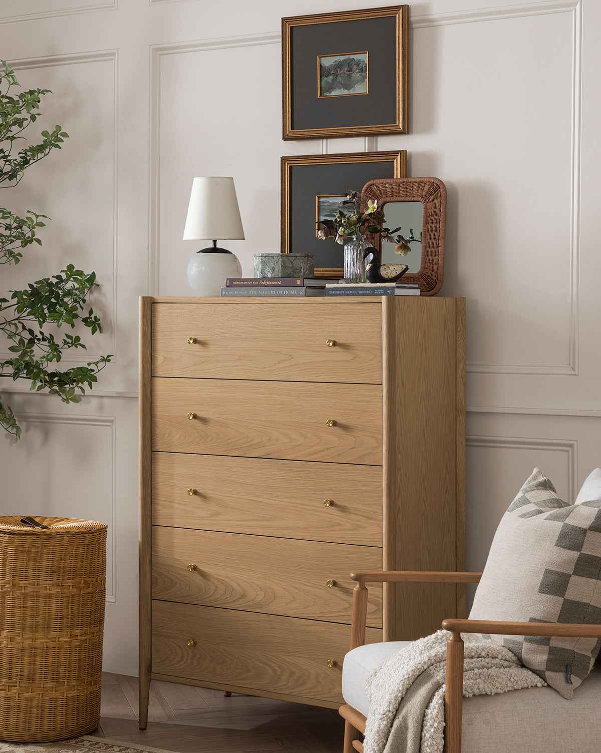 Dara Tallboy Dresser  White Oak with Brass Hardware
