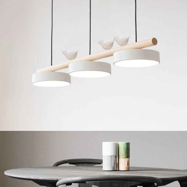 Nordic-Inspired Round Resin Bird LED Chandelier with Wooden Linear Design