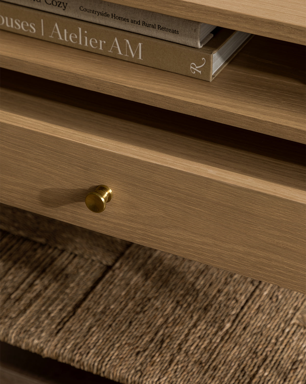 Bello Nightstand White Oak  Pullout Drawer, Seagrass Shelf